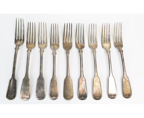 A Victorian provincial silver Fiddle pattern table fork, maker Edward Ramsey, Exeter, 1842, together with eight Continental p