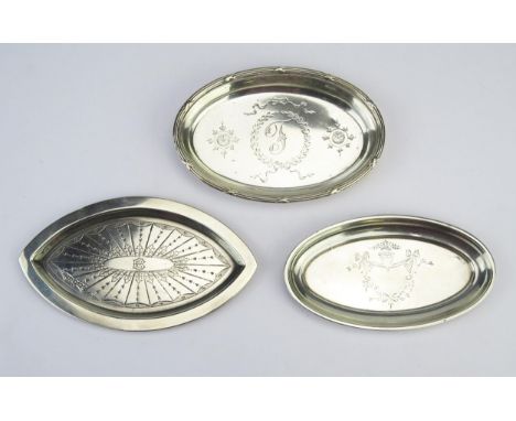 A Victorian silver oval pin tray, maker James Dixon &amp; Sons, Sheffield, 1896, initialled, with chased fan-shaped decoratio