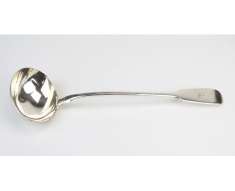 A Victorian silver Fiddle pattern soup ladle, maker William Eaton, London, 1841, crested, 35cm long, 304gms, 9.79ozs 