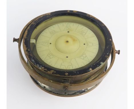 A ships brass gimbal mounted compass, stamped "Type 2" to the rim, 18.5cm double sided scale with cardinal points, 31cm diame