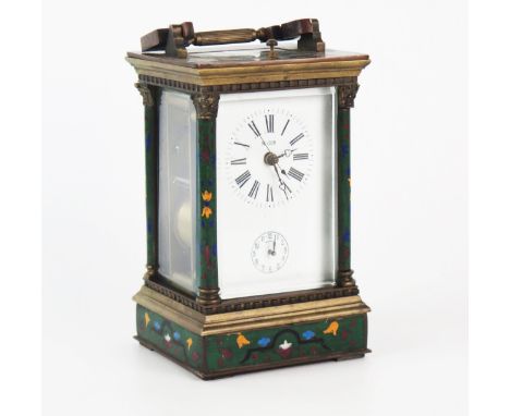 A Chinese champleve enamel and brass carriage clock, the movement with lever platform escapement, push repeat, striking to a 