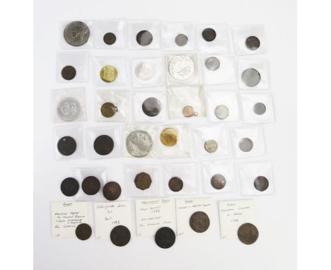 Twelve x farthing tokens with three x model crowns with group of mixed tokens, coin weights, white metal medallions etc. 