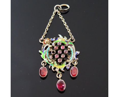 An Antique Austro Hungarian Silver, Enamel and Foil Back Garnet Pendant, 63mm drop, 6.2g. One stone missing 