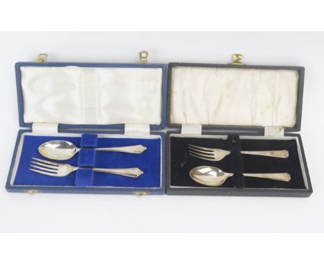 Two silver two-piece christening sets, various makers and dates, each with spoon and fork, both cased, 76gms, 2.45ozs. 