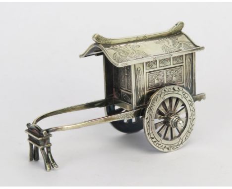 A Chinese silver model of a bridal cart, the slide-off roof with mythical bird decoration, raised on spoked wheels, 8cm long,