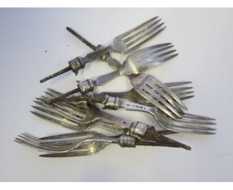 A collection of Victorian silver cake fork tines, maker John Gilbert, Birmingham, 1862. 199gms, 6.43ozs(9). 