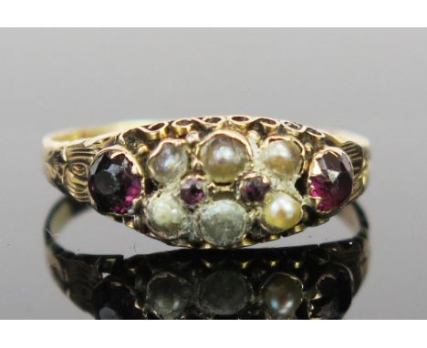 a 9ct Gold, Garnet and untested Pearl Ring, size N, 1.3g 