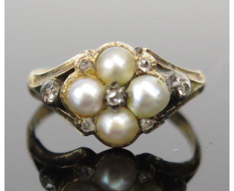 A Georgian untested Pearl and rose Cut Diamond Ring in an unmarked high carat gold setting, size F.75, 1.9g 