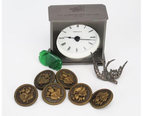 A Chinese Carved Jadeite Pendant (38mm drop), silver and marcasite bird brooch, set of six Japanese buttons (31mm diam.) and 