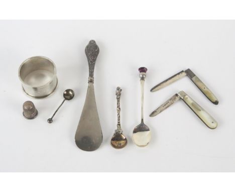 A mixed collection of silverwares ,various makers and dates, includes napkin ring, thimble, fruit knives, etc weighable silve