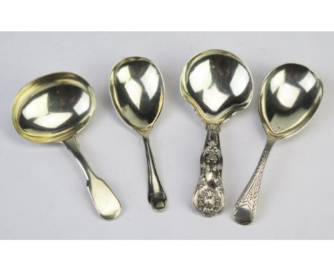 Four assorted silver caddy spoons, various makers and dates, total weight of silver 82gms, 2.65ozs. 