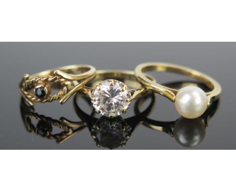 A 9ct Gold CIRO untested Pearl Ring (size M, 1.9g) 9ct gold and sapphire? ring (size I, 1.3g) and 9ct gold and white paste so