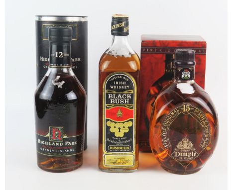One bottle Bushmills Black Bush whiskey, 0ne bottle Highland Park single malt Scotch whisky and one bottle Dimple 15 year old