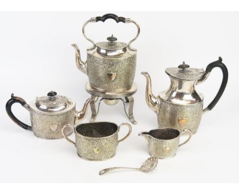 An electro-plated five piece tea and coffee service, of oval outline, with foliate and scroll decoration, includes kettle sta