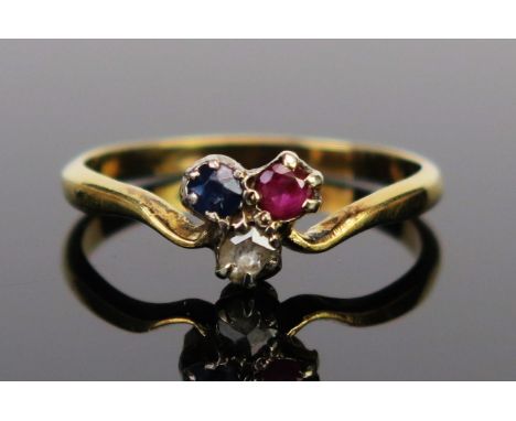 A Ruby, Sapphire and Rose Cut Diamond Ring in an unmarked gold setting, size O.25, 2.2g 