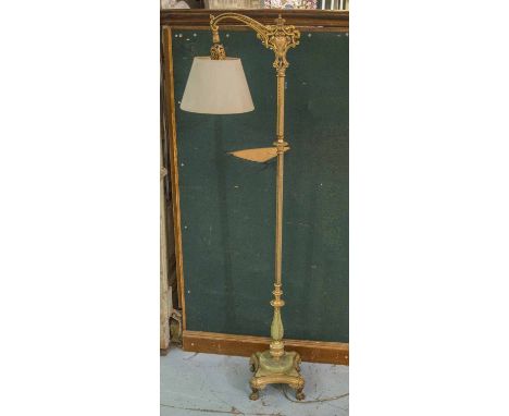 STANDING LAMP, early 20th century gilt bronze, enamelled and onyx with crown decoration and cream shade, 142cm H.