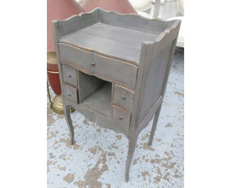 SIDE CHEST, French style, with gallery top, one long and four short drawers with a shelf in a distressed painted finish, 46cm