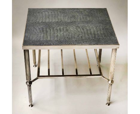 LAMP TABLE, Julian Chichester style silvered reeded metal with faux crocodile, real leather inset top, 47cm W x 42cm D x 41cm