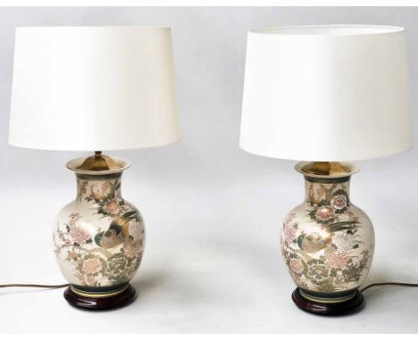 LAMPS, a pair, Chinese vase form cracklure ceramic with green gilt and violet bird and flower decoration on wood base, 48cm H