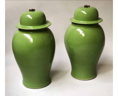 TEMPLE JARS,  a pair, Chinese ceramic, leaf green of ginger jar form with lids, 57cm H. (2)
