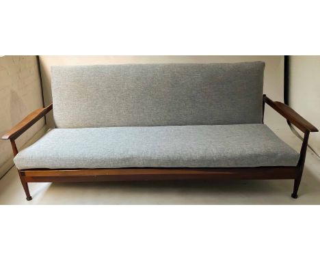 GUY ROGERS SOFA BED, 1970's Danish style teak framed and herringbone upholstered with seat and back cushions transforming to 