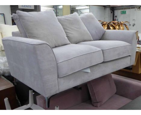 SOFA, two seater, in grey fabric on chromed metal supports plus three cushions, 205cm L x 96cm x 73cm H.