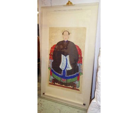 CHINESE SCHOOL 'Ancestor Portrait', gouache on parchment laid on silk scroll, 190cm x 90cm, in 214cm x 122cm perspex boxed fr