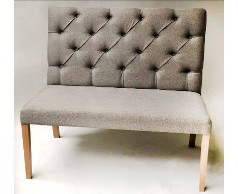 HALL SEAT, bench form with button, grey cotton upholstered back and padded seat, 106cm W x 96cm H. 