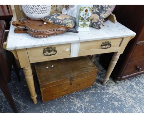 A VICTORIAN MARBLE TOPPED PINE WASHSTAND AND A VINTAGE TOOL BOX. 