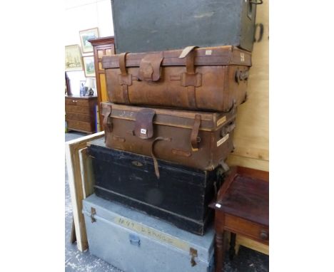 A LARGE PINE TRUNK, LEATHER CASES ETC. 