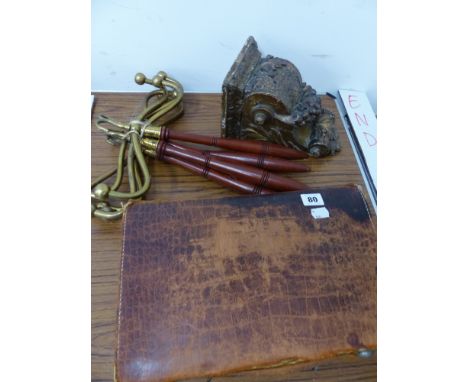 A CARVED AND GILDED WOOD WALL BRACKET, FIVE VINTAGE CLOAK HANGERS AND A SMALL SUITCASE. 