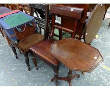 FIVE VARIOUS VICTORIAN DINING CHAIRS AND A SMALL REGENCY TRIPOD TABLE. 