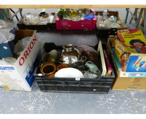 A PELHAM VENTRILOQUIAL PUPPET V5 GIRL, VINTAGE BOARD GAMES AND VARIOUS  HOUSEHOLD GLASS AND CHINA. 