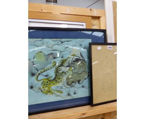 AN INTERESTING ORIENTAL PICTURE, A FURTHER MIDDLE EASTERN PICTURE WITH INSCRIPTION AND AN ORIENTAL INLAID PANEL.