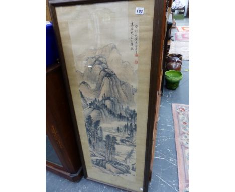 A FRAMED AND GLAZED ORIENTAL SCROLL PANEL. 