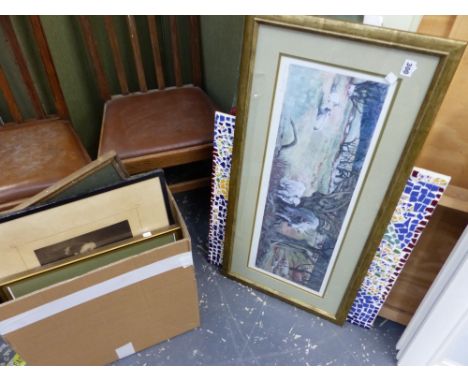 A MIXED SELECTION OF DECORATIVE PAINTINGS, PRINTS, A MOSAIC PANEL, ETC. 