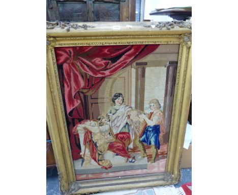 A LARGE VICTORIAN GILT FRAMED EMBROIDERED PANEL. 