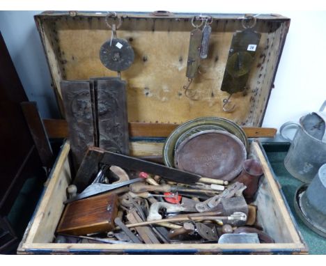 VARIOUS VINTAGE WOOD WORKING TOOLS IN A TRUNK.