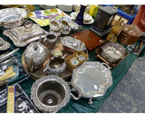 COPPER PANS WITH COVERS, A CASED CARVING SET, SLATE CLOCK, AND A GILT MANTLE CLOCK, AND A LARGE QUANITITY OF PLATED WARE AND 