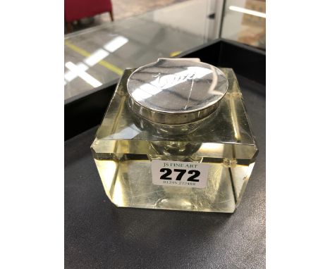 A HALLMARKED SILVER TOPPED AND GLASS INKWELL BY J.C.VICKERY. 