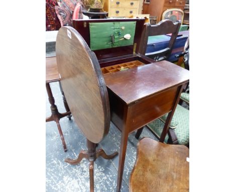 AN EDWARDIAN MAHOGANY SEWING TABLE AND A SMALL GEORGIAN TRIPOD TABLE.