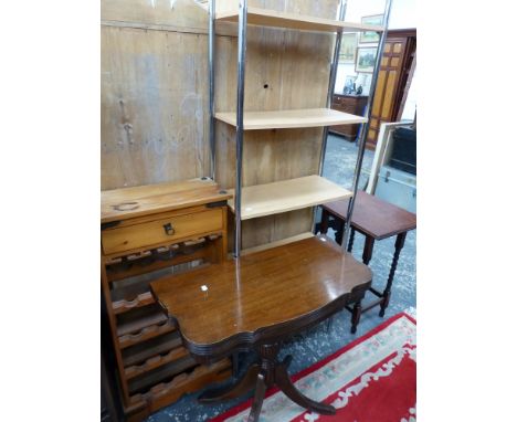 A FOLD OVER TEA TABLE, A WINE RACK AND A SHELF UNIT.