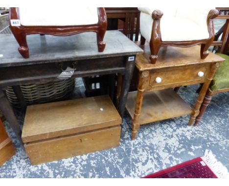 A GEORGIAN SIDE TABLE, A SMALL PAINTED SIDE TABLE, AND A TOOL BOX.