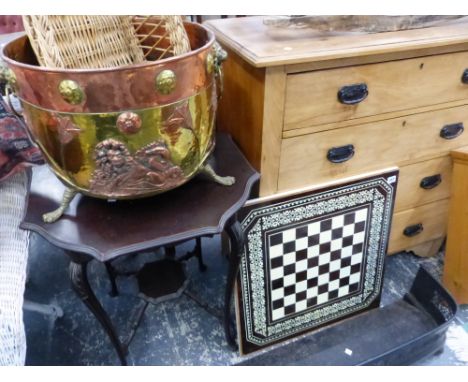 A CHESS BOARD, A LARGE COPPER AND BRASS LOG BIN ETC. 