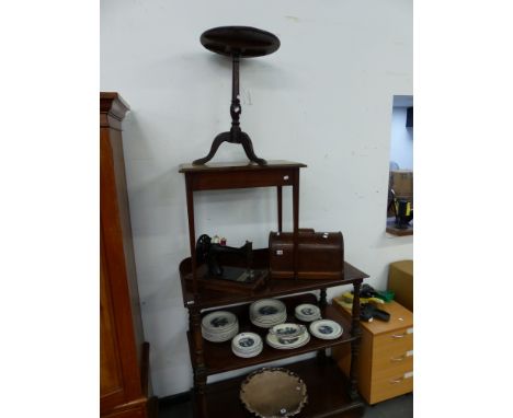 A VICTORIAN TREE TIER DUMB WAITER, A GEORGIAN TRIPOD TABLE AND AN OCCASIONAL TABLE.