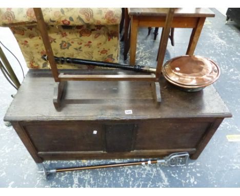 AN 18th C. OAK COFFER, A BRASS OIL LAMP STAND, A WARMING PAN, AND A SHOOTING STICK ETC. 