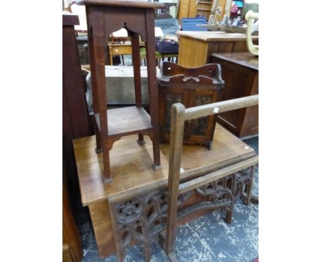 AN ANTIQUE ELM BLANKET BOX, A CARVED GOTHIC PANEL, A TABLE CABINET, PLANT STAND AND A TOWEL RAIL. 