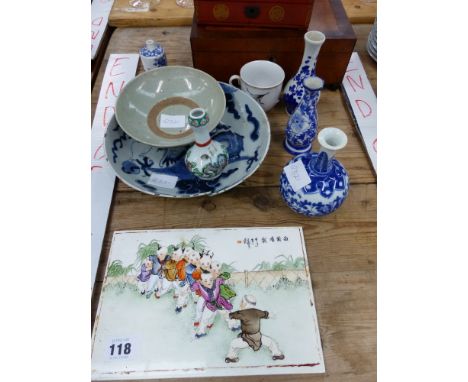 A CHINESE CERAMIC PLAQUE, ARCHAIC STYLE BOWL, SMALL VASES, AND TWO WORK BOXES. 