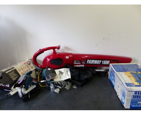 VARIOUS POWER TOOLS, A POWER DEVIL LEAF BLOWER/VAC ETC.