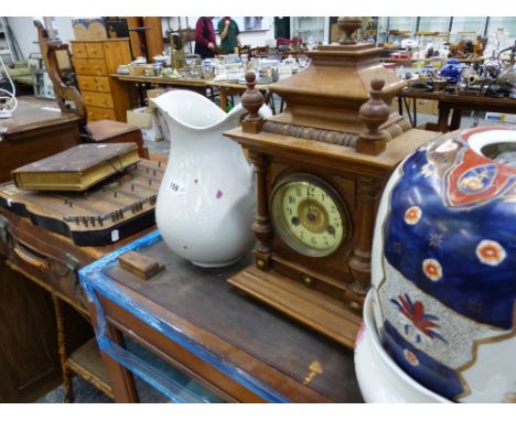 A VICTORIAN MANTLE CLOCK, A ZITHER, A LEATHER SUIT CASE, BAMBOO TABLE, VINTAGE PHOTO ALBUM AND CHINA WARES. 
